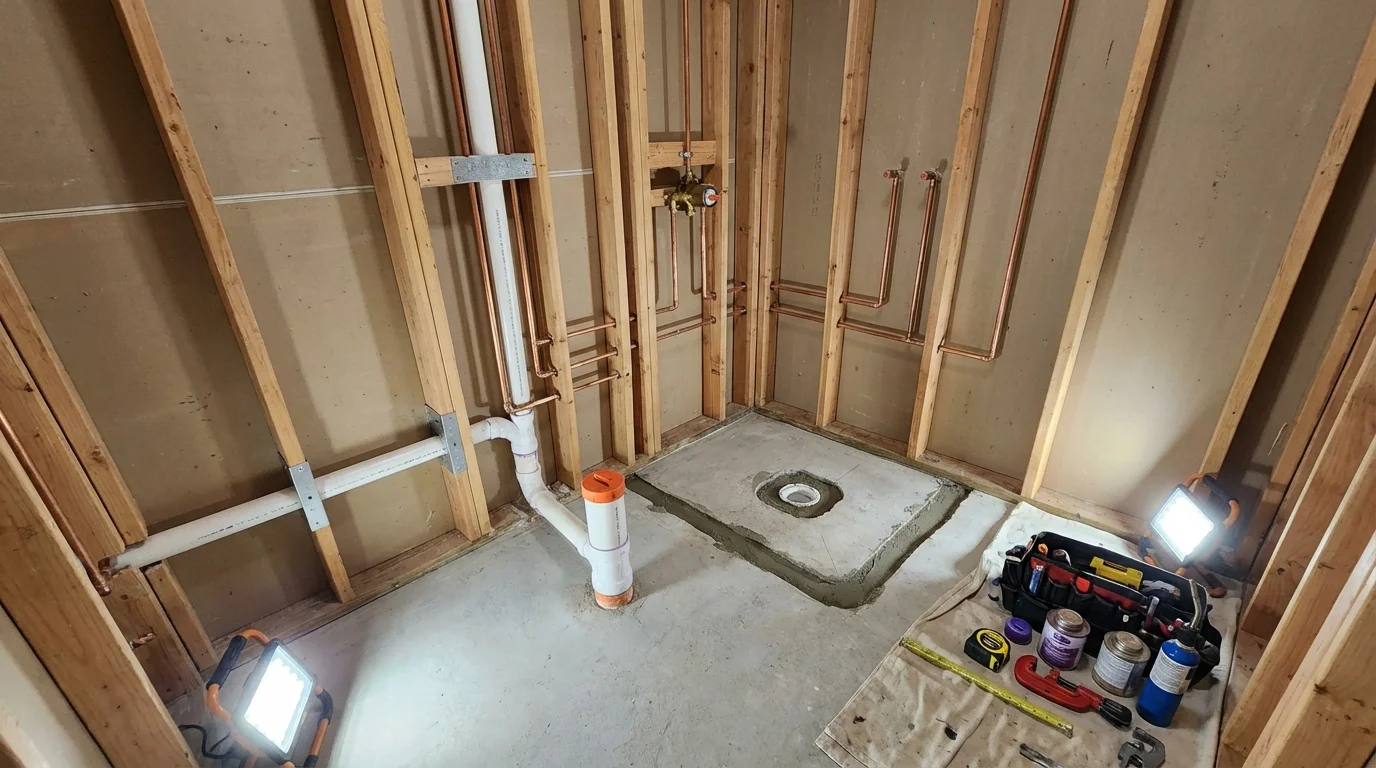 Bathroom rough-in plumbing during remodel by Johns Plumbing LLC in Hickory Hills
