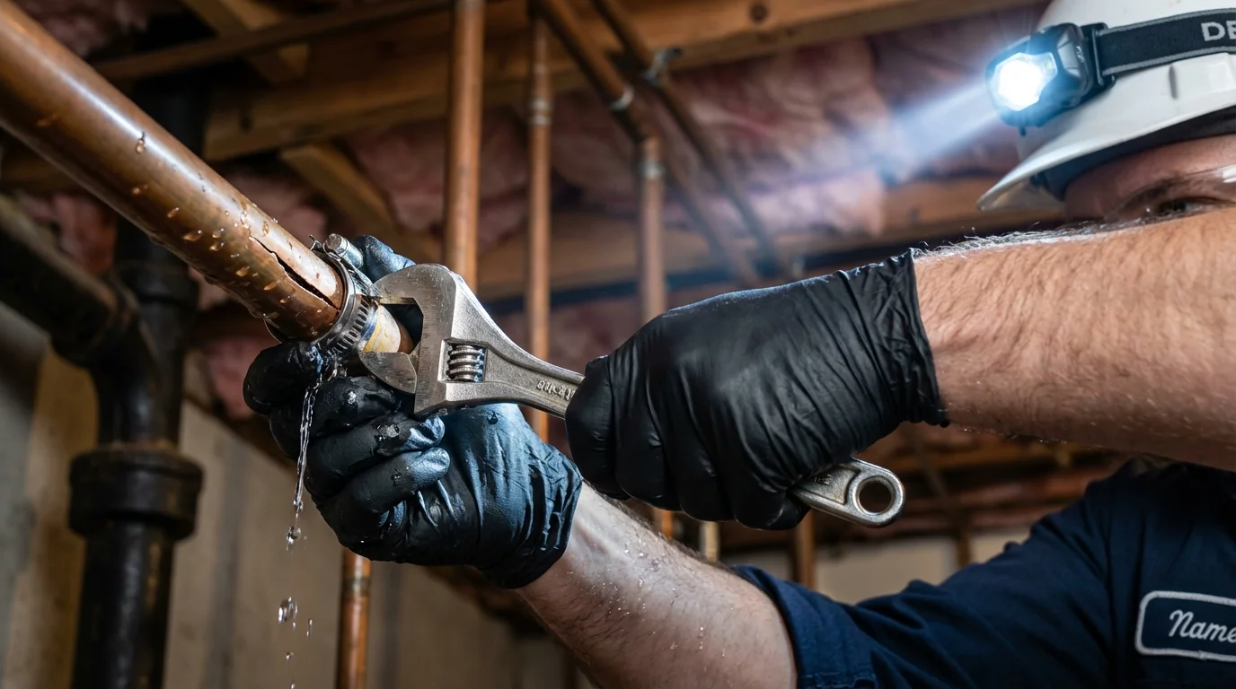Emergency pipe clamp repair being performed by a Johns Plumbing LLC plumber in Hickory Hills