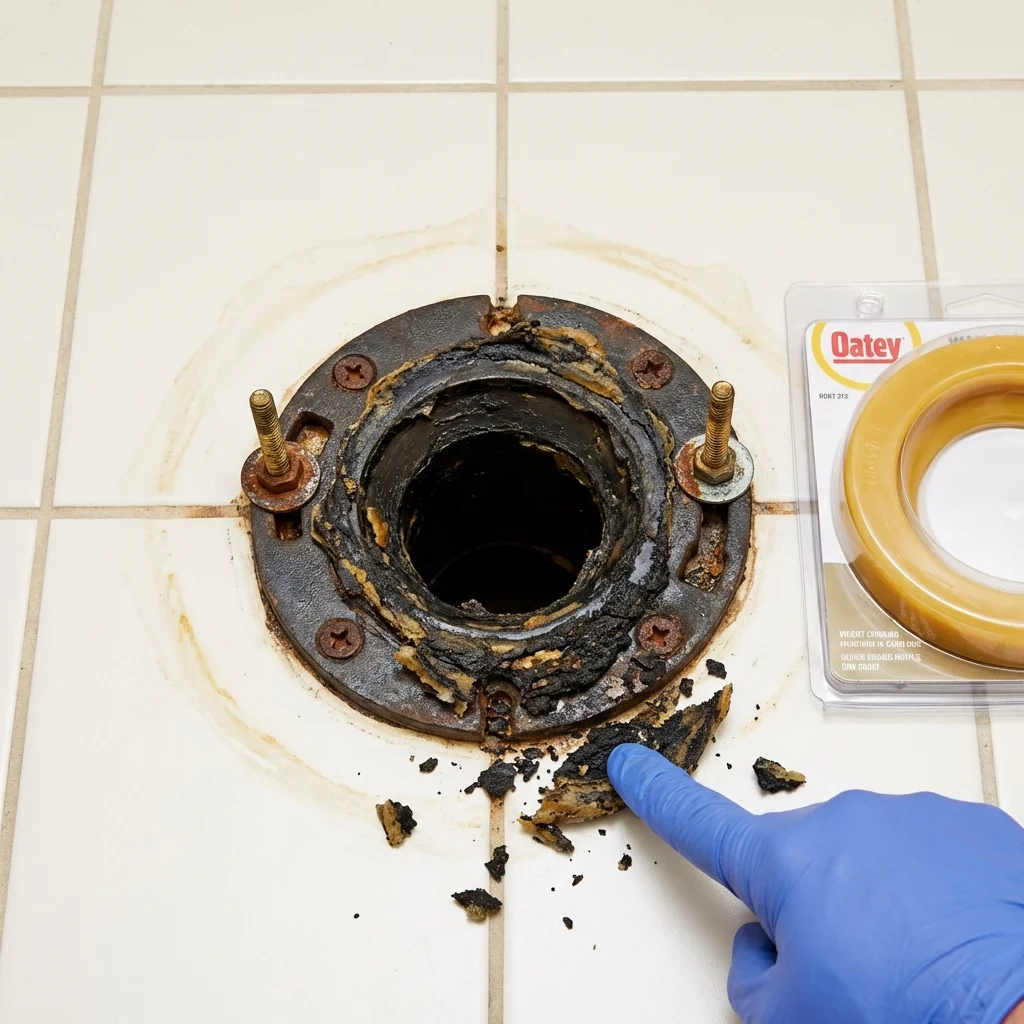 Failed wax ring showing water seepage at the base of a toilet in a Hickory Hills, IL home
