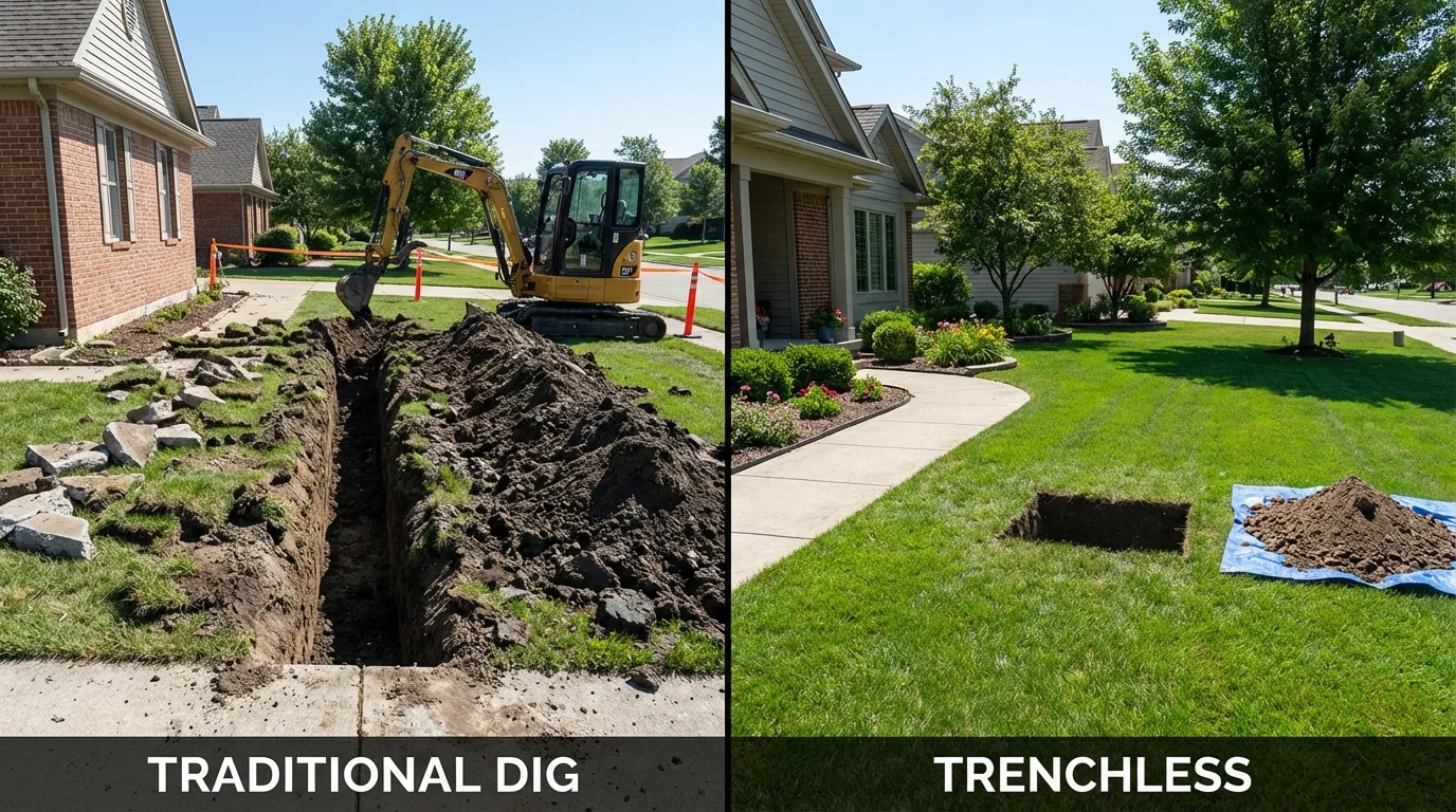 Trenchless sewer repair with minimal yard damage versus traditional excavation in Hickory Hills, IL