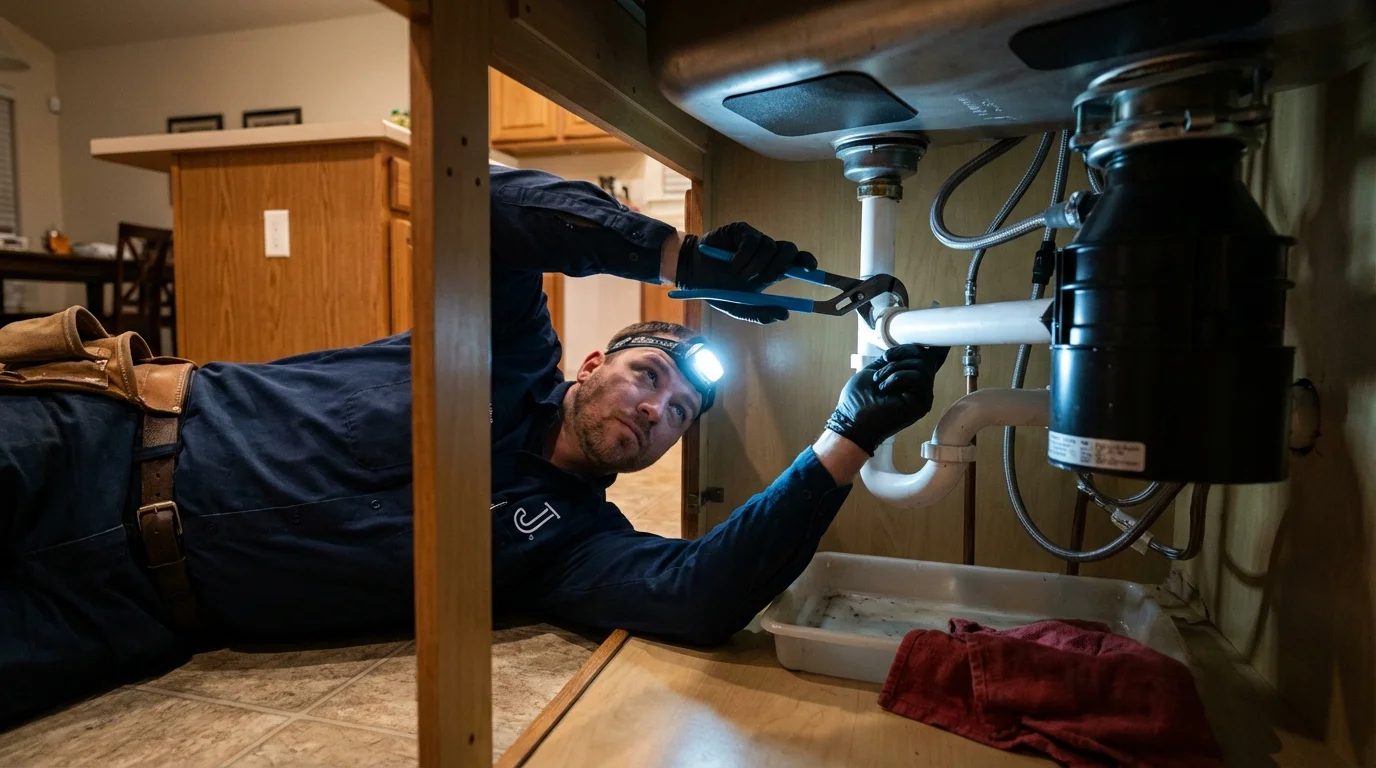 P-trap and supply line connections under a kitchen sink showing a common leak point in Hickory Hills, IL